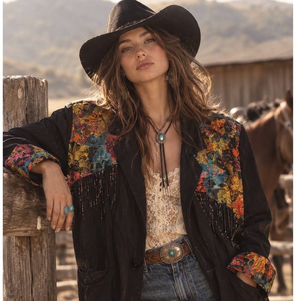 Vtg Surya Vintage Black Rayon Beaded Floral Tapestry Fringe Jacket Womens Large